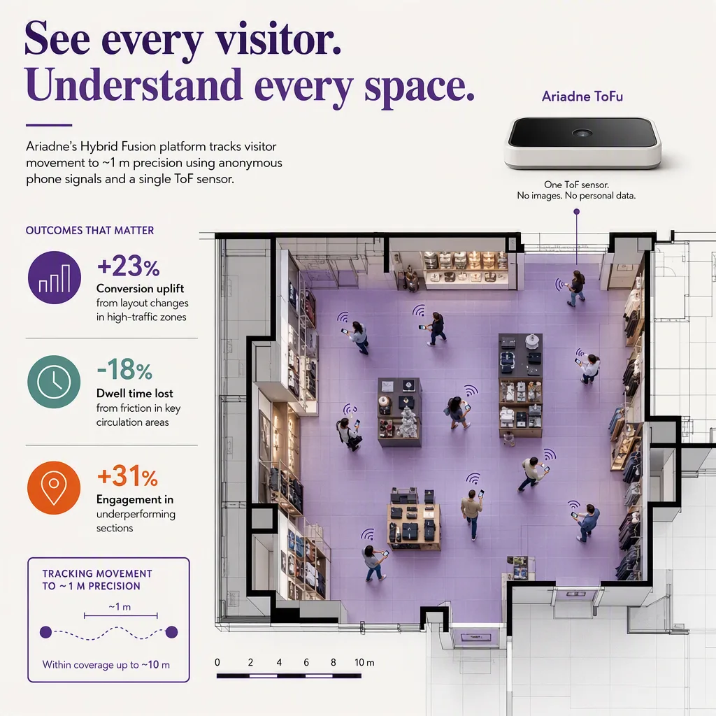 infographic of the outcome or benefit, with simple icons or a small chart, indoor positioning setting