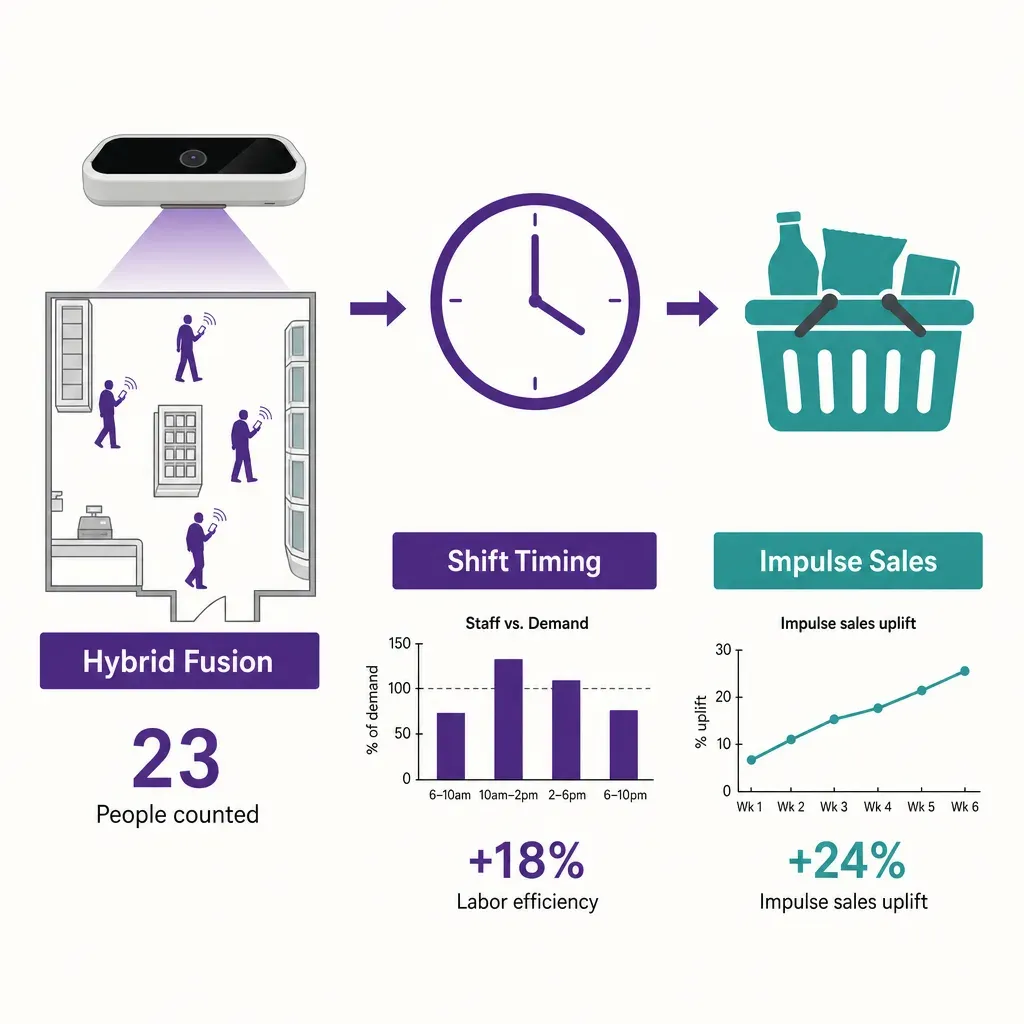 Infografik mit Symbolen für Personenzähler, Uhr und Einkaufskorb, zeigt wie Kundenfrequenz Personaleinsatzplanung und