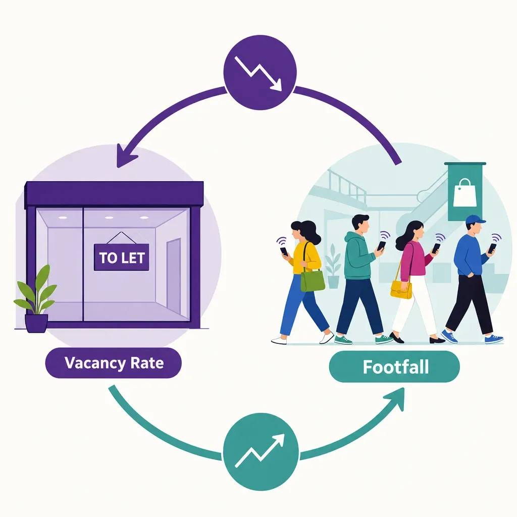 Infografik mit einem kreisförmigen Feedback-Loop zwischen Leerstandsquote im Einkaufszentrum und Besucherzahlen mit Symbolen