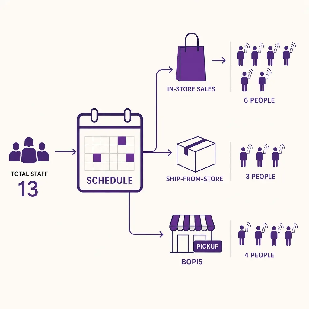 bunte Infografik mit einem Planungskalender und Symbolen für Ladenverkauf, Versand aus Filiale und BOPIS mit Variablen