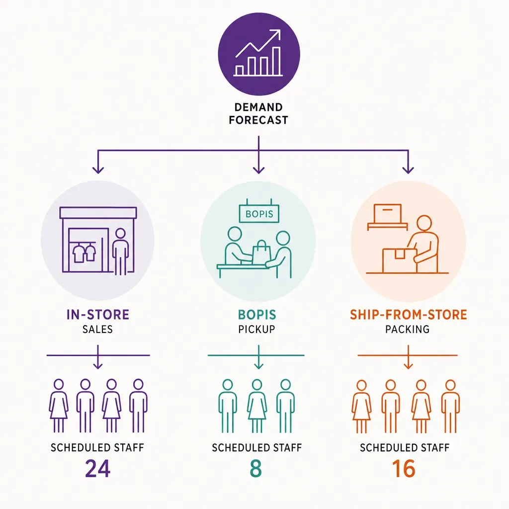 Infografik mit einer Nachfrageprognose für drei Einzelhandelsaufgaben und geplanten Mitarbeiterzahlen für Omnichannel