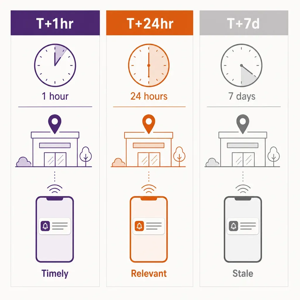 flache Vektorinfografik zum Vergleich von Push-Benachrichtigungen eine Stunde, einen Tag und eine Woche nach Ladenbesuch mit
