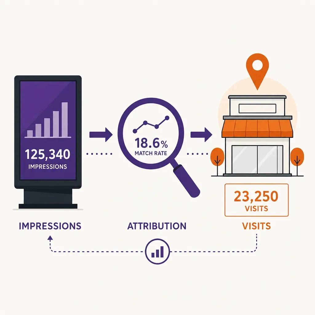 Infografik zeigt Ablauf der programmatischen DOOH-Attribution von Digitalbildschirm-Impressionen zu Ladenbesuchen
