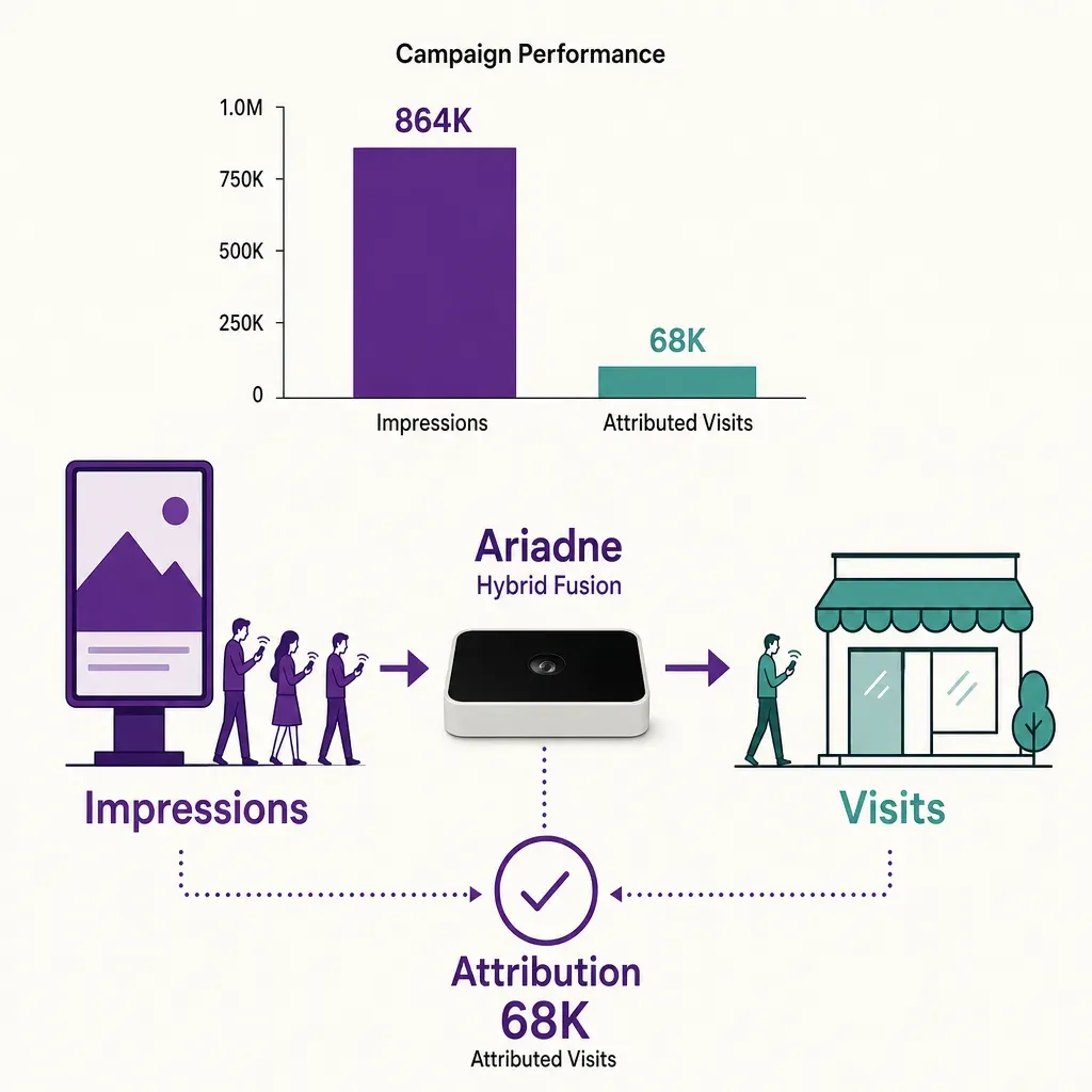 Infografik zeigt programmatische DOOH-Attribution von Digitalbildschirm-Impressionen zu Ladenbesuchen mit einfachen Symbolen