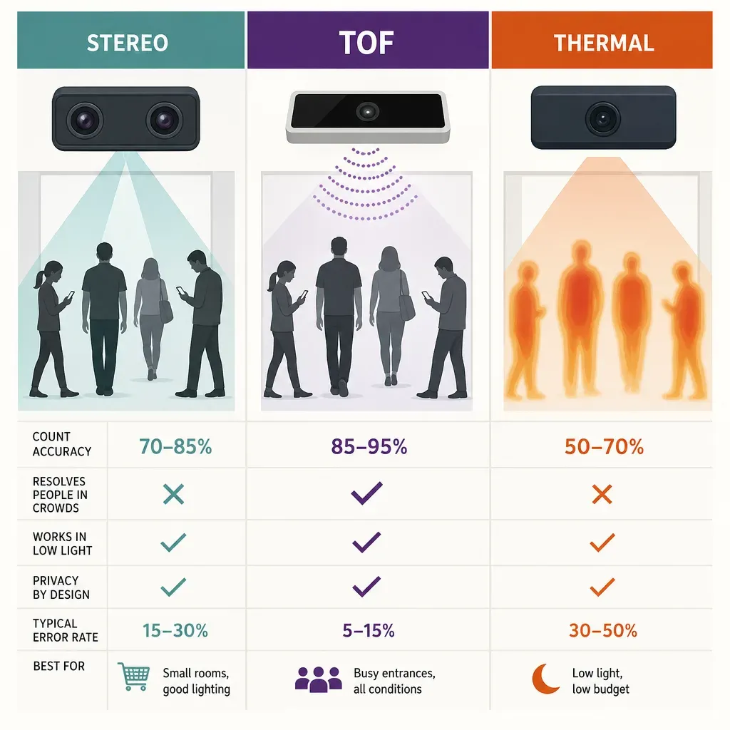 Flache Vektorinfografik zum Vergleich von Stereo-, ToF- und thermischen Personenzählern mit Symbolen und kurzen Merkmalen in