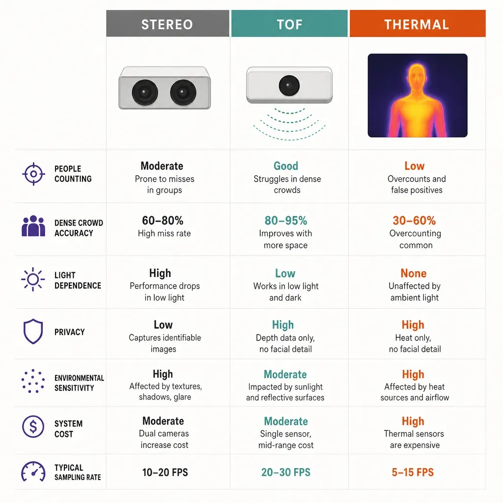 Flache Vektorinfografik zum Vergleich von Stereo-, ToF- und thermischen Personenzählern mit Symbolen und Merkmalen