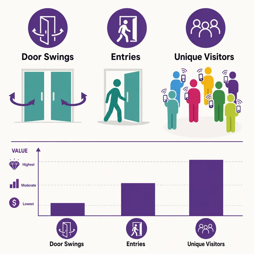 Infografik vergleicht Türbewegungen, Eintritte und eindeutige Besucher mit Symbolen und Balkendiagramm