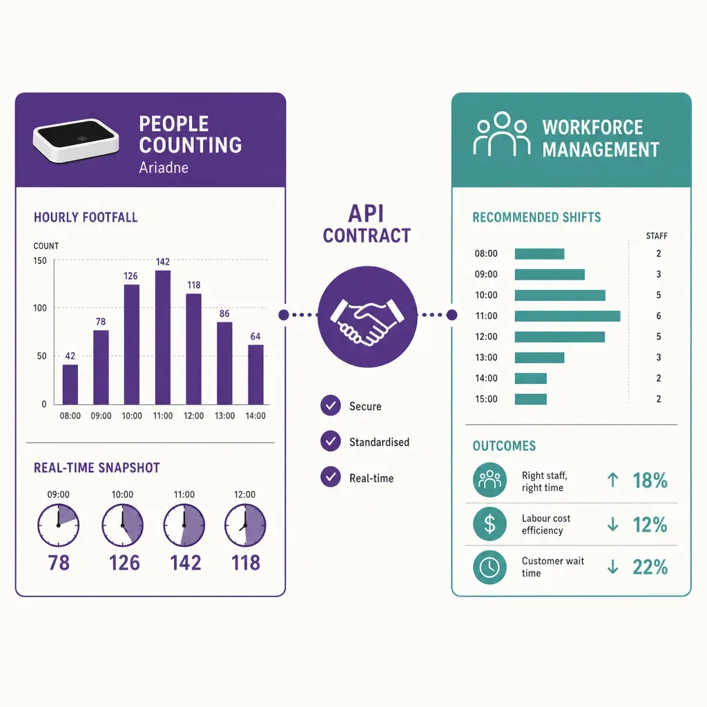 Infografik mit Personenzählungsdaten und Personaleinsatzplanung, verbunden durch API-Vertrag mit Symbolen für