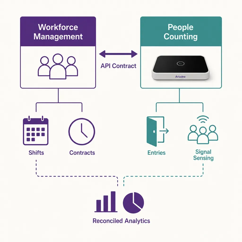 Infografik zweier Systeme, Personaleinsatzplanung mit Schichtsymbolen und Personenzählung mit Besucherfrequenz-Sensoren